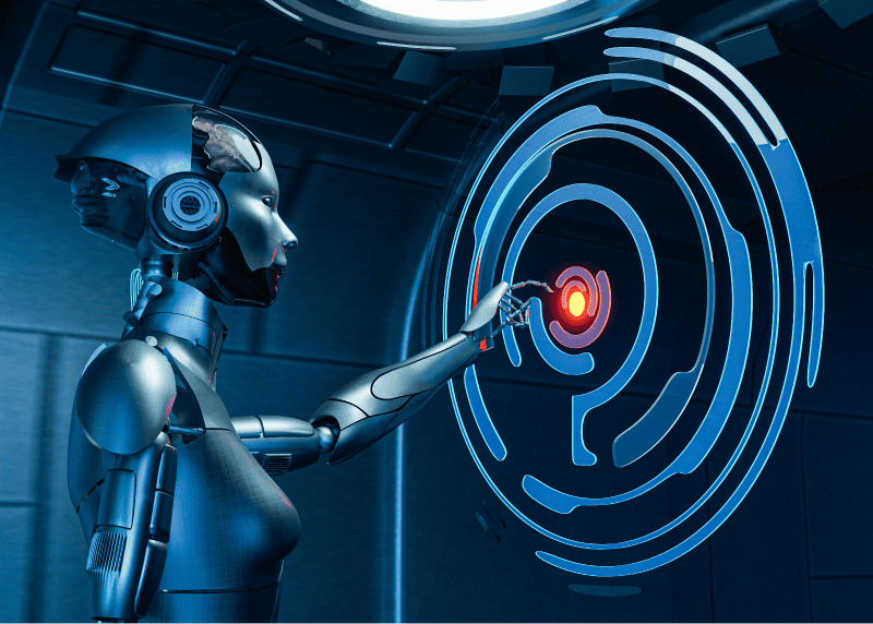 A silver robot with a human-like face, touching a glowing blue circle on a screen