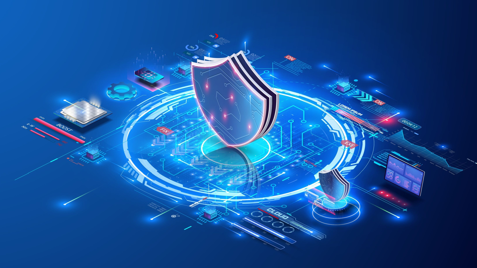 A computer depicted with a shield, representing digital security and safeguarding information.