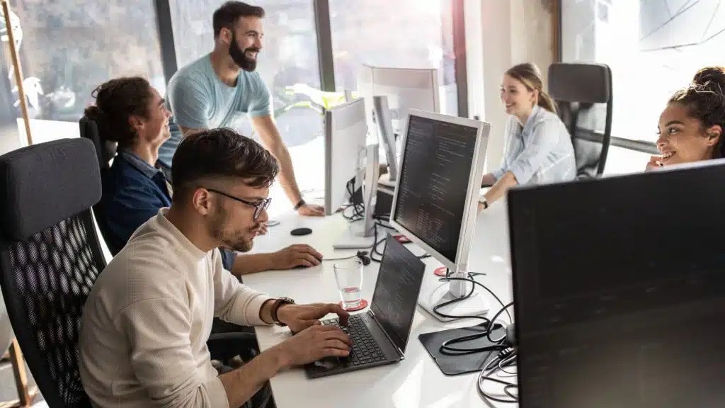 A team working on a project together