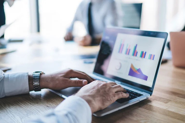 A person engaged with a laptop, analyzing graphs and statistical data